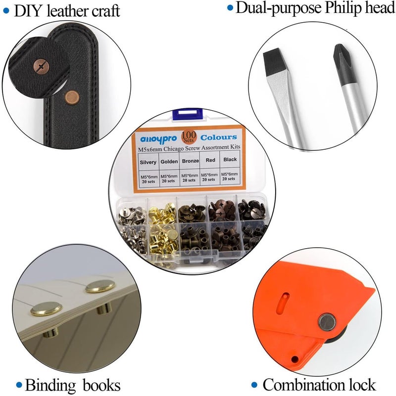 ALLOYPRO 100 Sets Chicago Screws Assorted Kit 5 Color Leather Rivets Screw Rivets Flat Fillister Book Binding Posts Nail Rivet Chicago Bolts for DIY Leather Craft Black Silver Golden Bronze (Colours 5×6mm) - Image 5